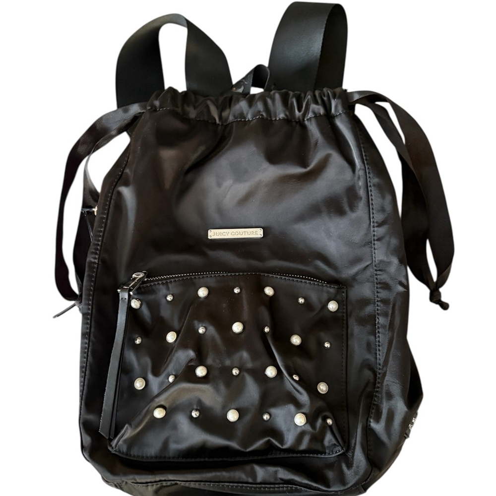 Juicy Couture Black Satin Backpack Pearl Accents NWOT